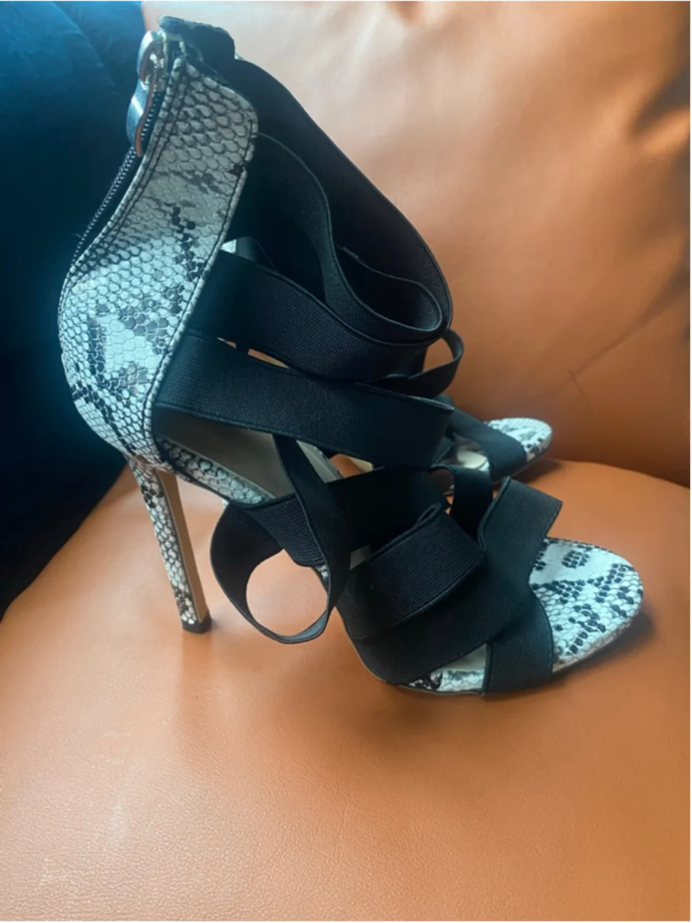 Black and white snake skin strap stiletto sandals pumps